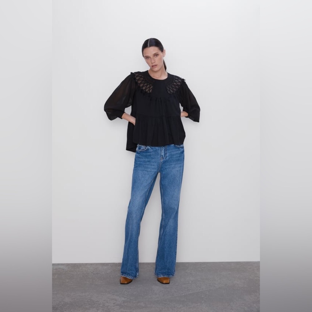 Zara black sheer tassel trim puff sleeve shirt